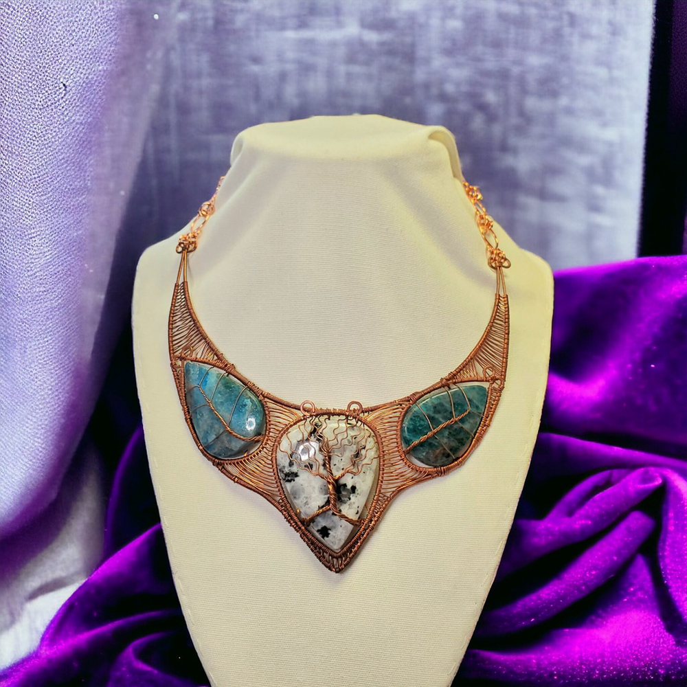 Natural Rainbow Moonstone bib necklace heady copper wire wrap choker Apatite le - Picture 4 of 10